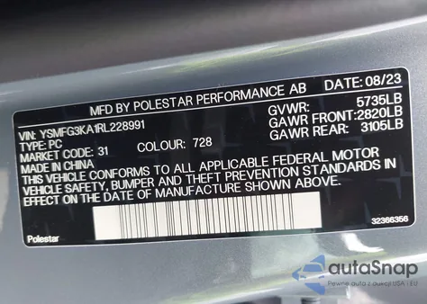 2024 Polestar 2 Long Range Dual Motor Performance Plus z USA, uszkodzony, nr VIN YSMFG3KA1RL228991